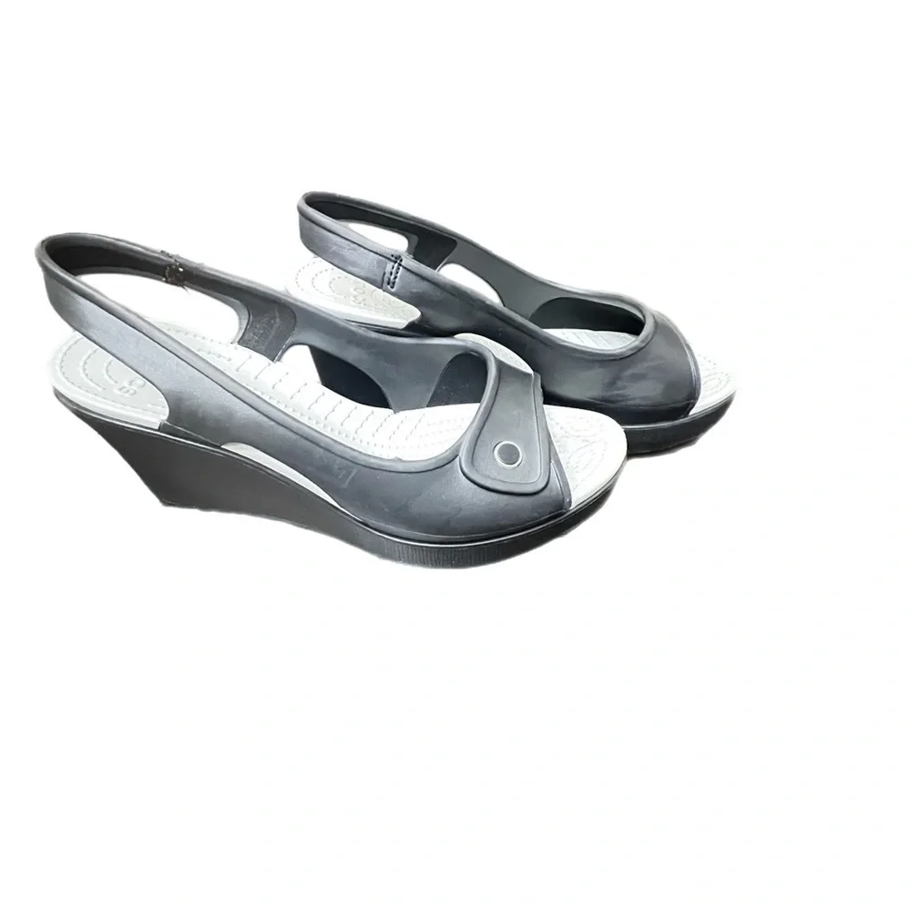 Crocs Havana Slim Wedge Sandals Womens Sz 10 Black Slingback Open Toe City Shoes